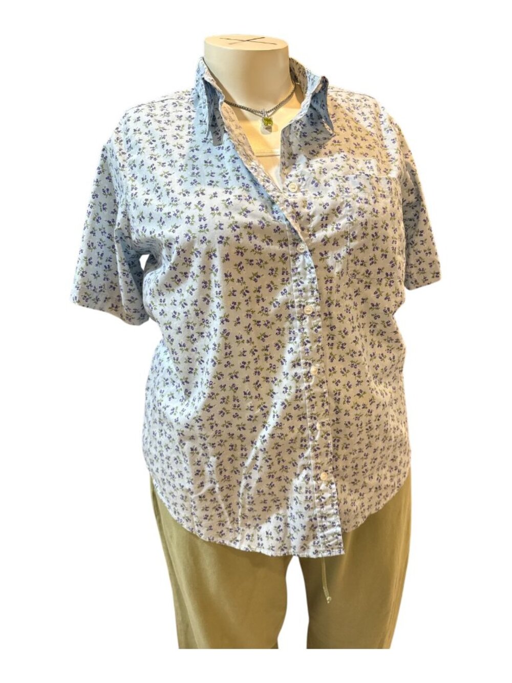 Basic Editions Sz 20W Blue Purple & Green Floral Print 1-Pocket Short Slv Blouse